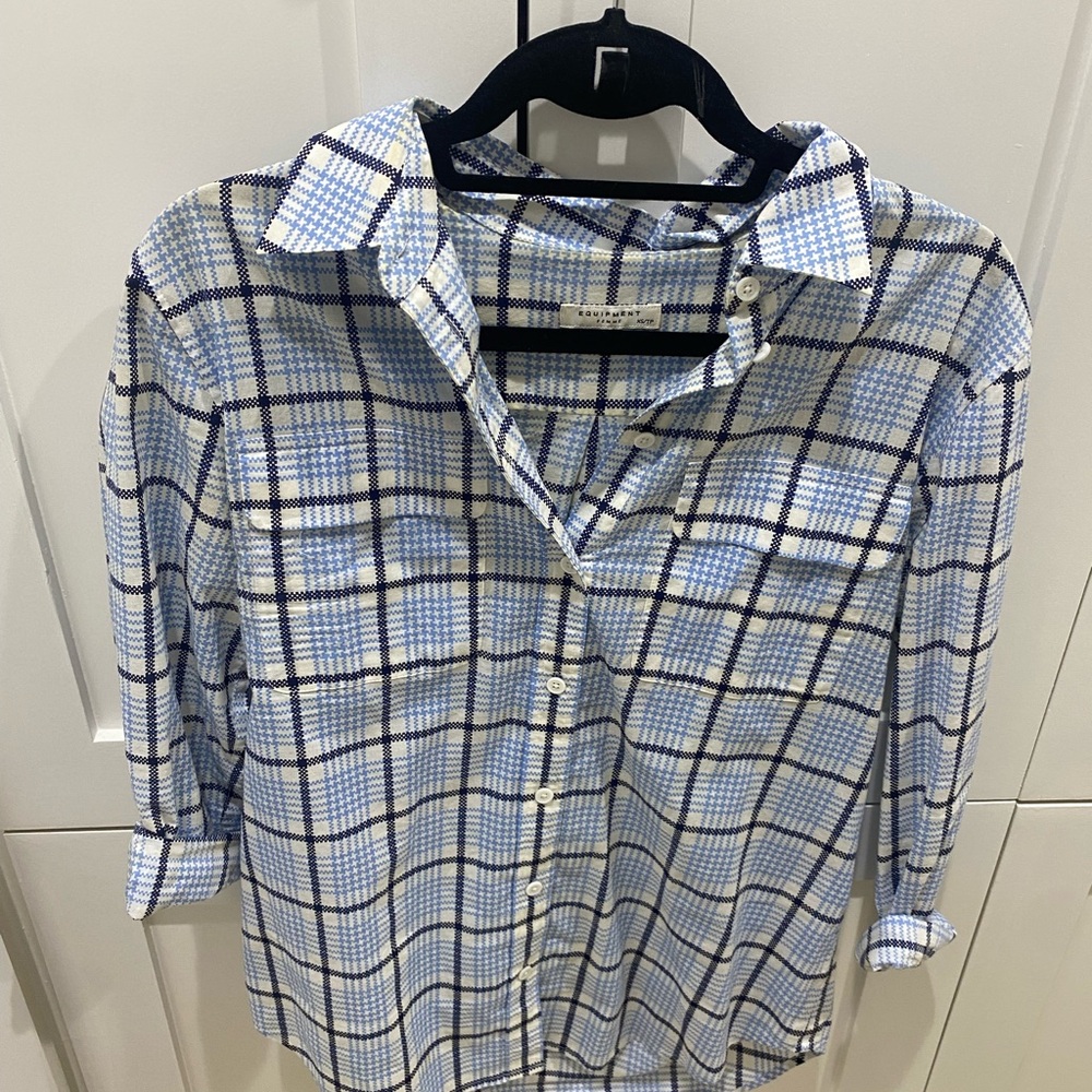 Equipment Blue and White Plaid Women's Top